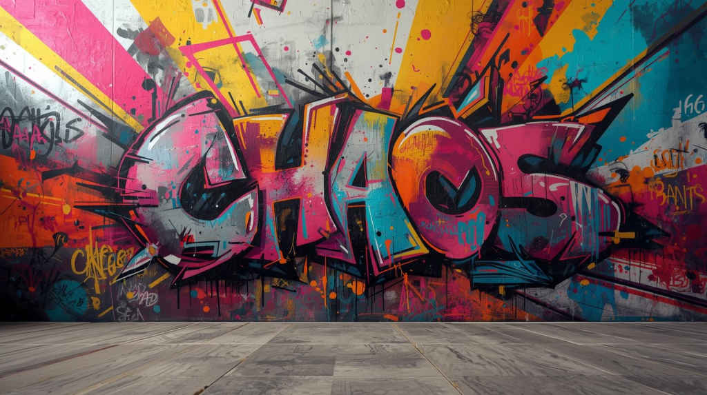Eine  bunte Graffitaufschrift mit Chaos auf einer Wand