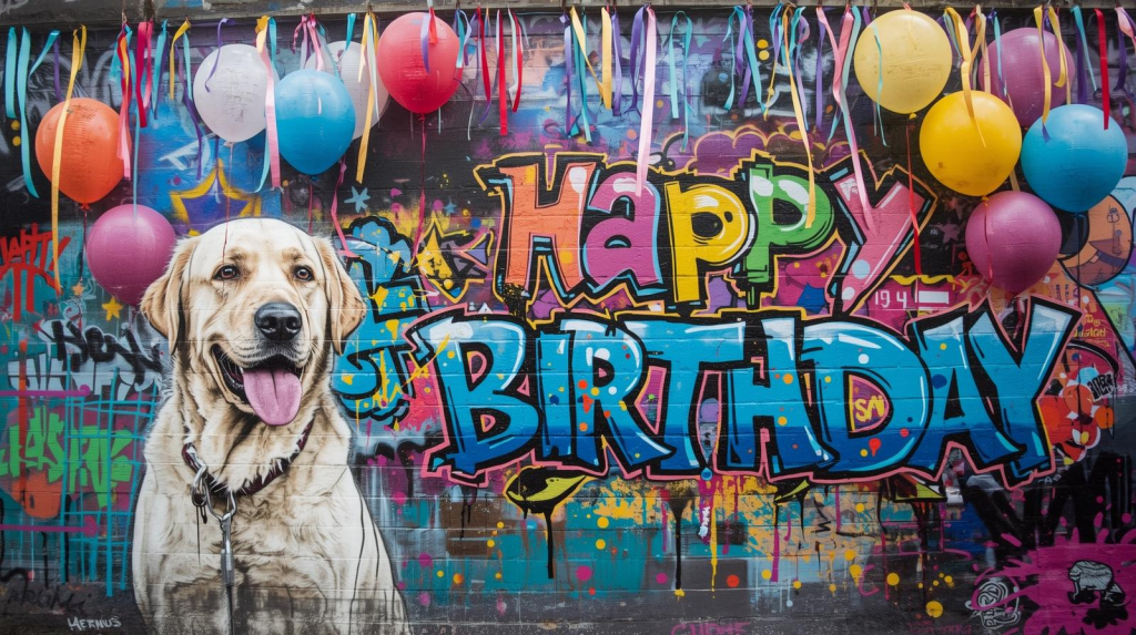 Eine Graffitiwand mit Happy Birthday und ein weißer Golden Retriever Mischling