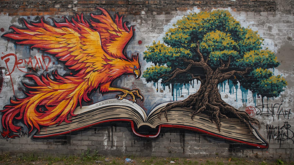 Eine Mauer wo ein offenes Buch drauf gemalt worden ist wo ein Phönix und einem Lebensbaum darüber sind.