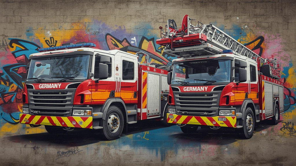 Zwei Feuerwehrfahrzeuge als Graffiti Bild auf einer Wand