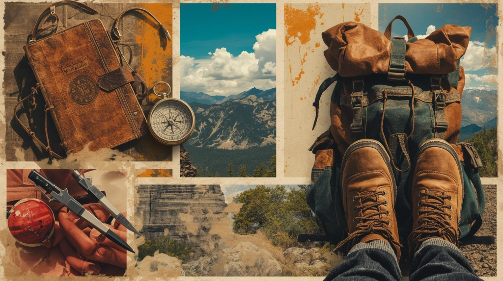 Kompass, Abenteuerrucksack, Abenteuerausrüstung und ein Wanderweg ist zu sehen