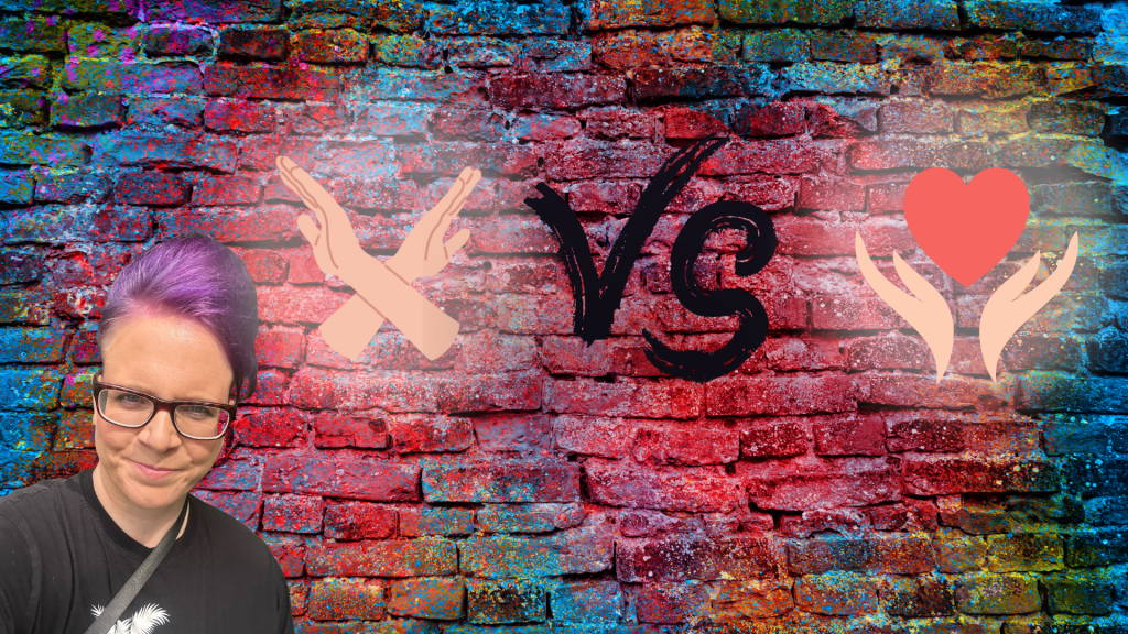 Eine bunte Graffiti-Wand wo in Symbol für Dafür und dagegen drauf ist sowie das vs Zichen. Unten links im Bild ist di Bloggerin zu sehen
