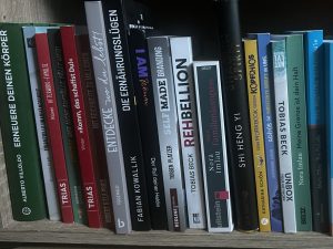 Ein aufgeräumtes Regal mit verschiedenen Bücher zum Thema Familie, Ernährung, Ad(h)s, Persönlichkeitsentwicklung