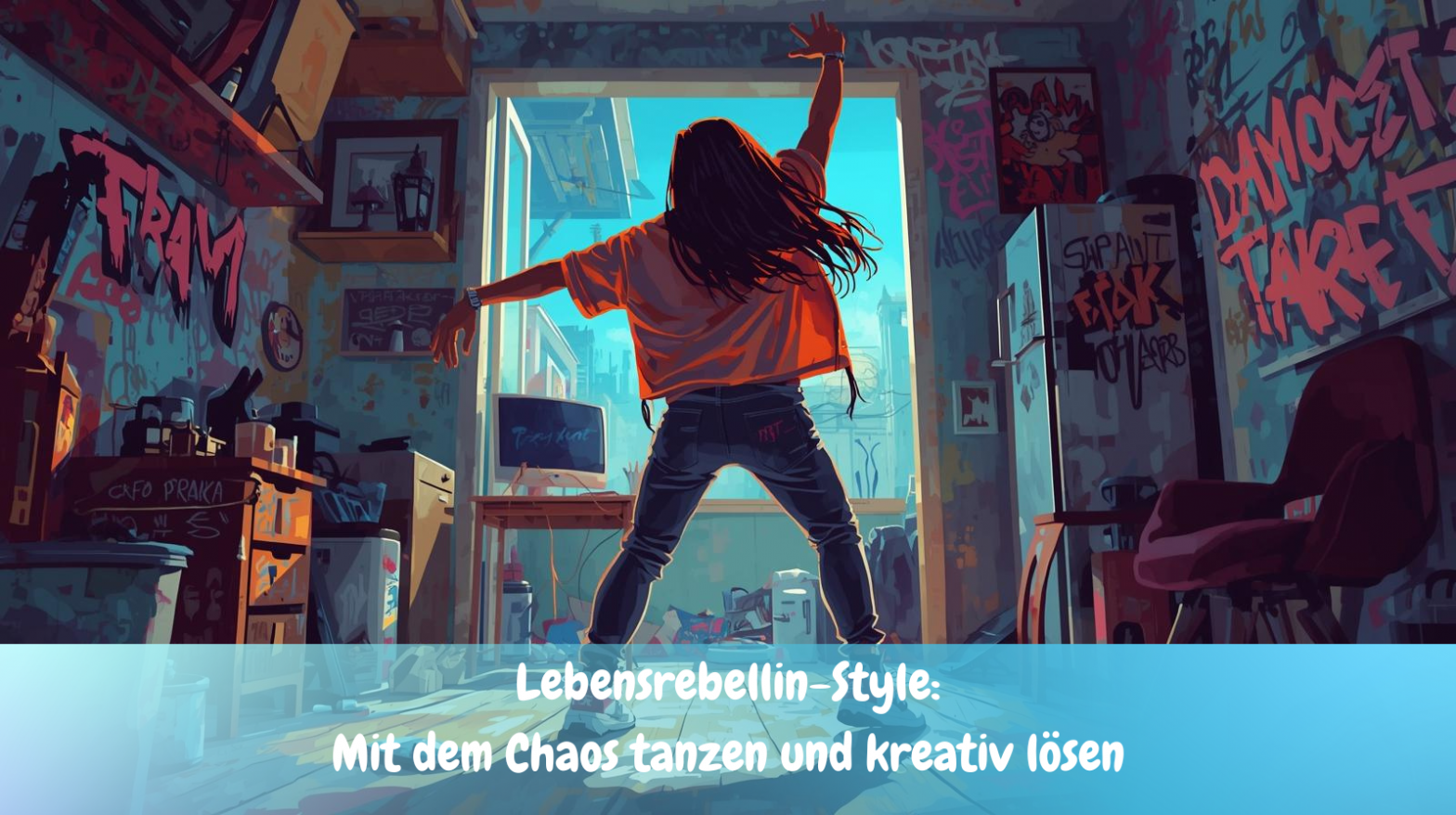 Ein Graffiti Bild wo eine Frau in Rückansicht tanz im kreativen Graffiti Chaos