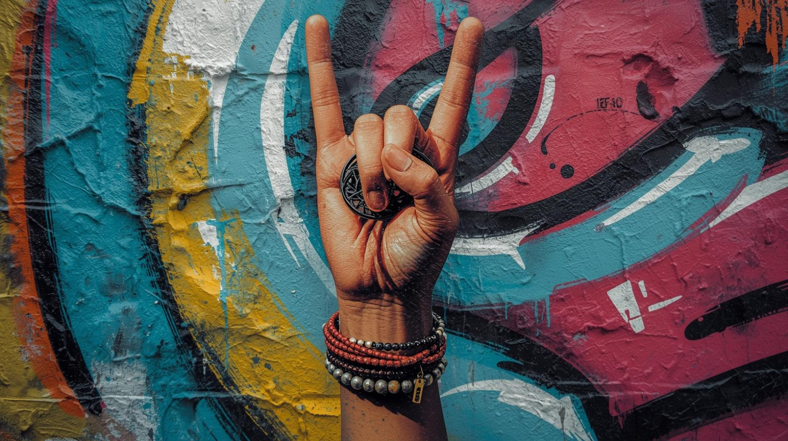 Vor einer bunten Wand wird eine Rockhand gezeigt mit Armbänder