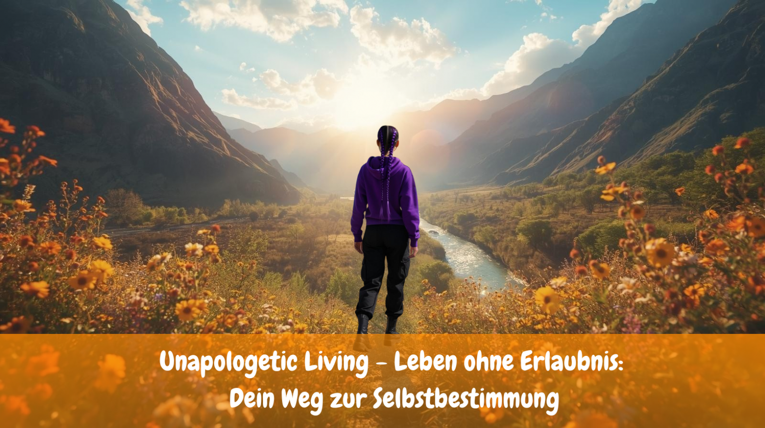 Titel Bild für den Blogartikel: Unapologetic Living - Leben ohne Erlaubnis eine Rückansicht einer Frau die in eine farbenfrohe sonnenfreundlich Natur rein läuft