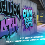 Eine Wand unter eine Brücke mit Graffitischrift: Rebellion und zusätzlicher Text Jetzt und nicht irgendwann und ein Weg der in einen Wald führt