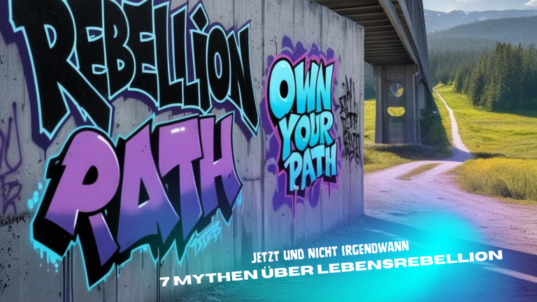 Eine Wand unter eine Brücke mit Graffitischrift: Rebellion und zusätzlicher Text Jetzt und nicht irgendwann und ein Weg der in einen Wald führt