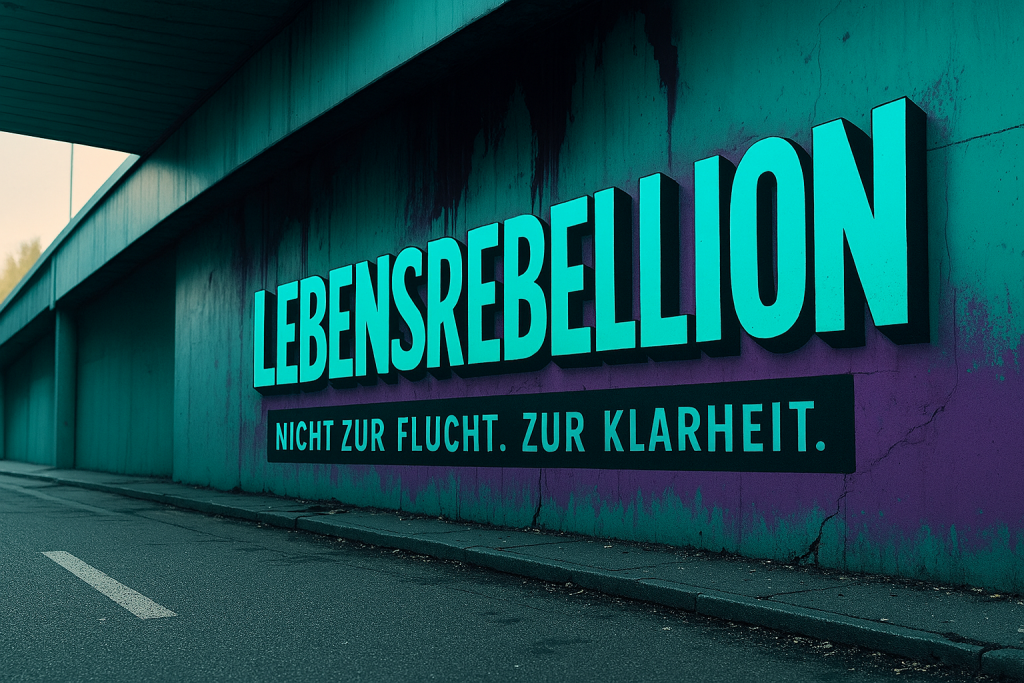 Eine Betonwand mit der Aufschrift: Lebensrebellion Nicht zur Flucht. Zur Klarheit.