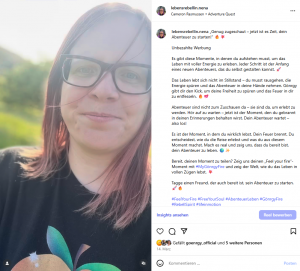 Es wird ein Instagram-Post der Bloggerin Nena gezeigt, wo es um Abenteuer und Veränderung geht