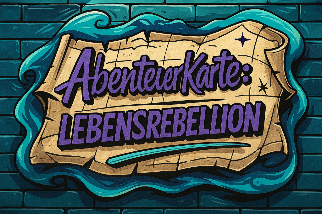 Eine Wand mit eine Landkarte im Hintergrund und darauf steht Abenteuerkarte: Lebensrebellion in Graffiti Style