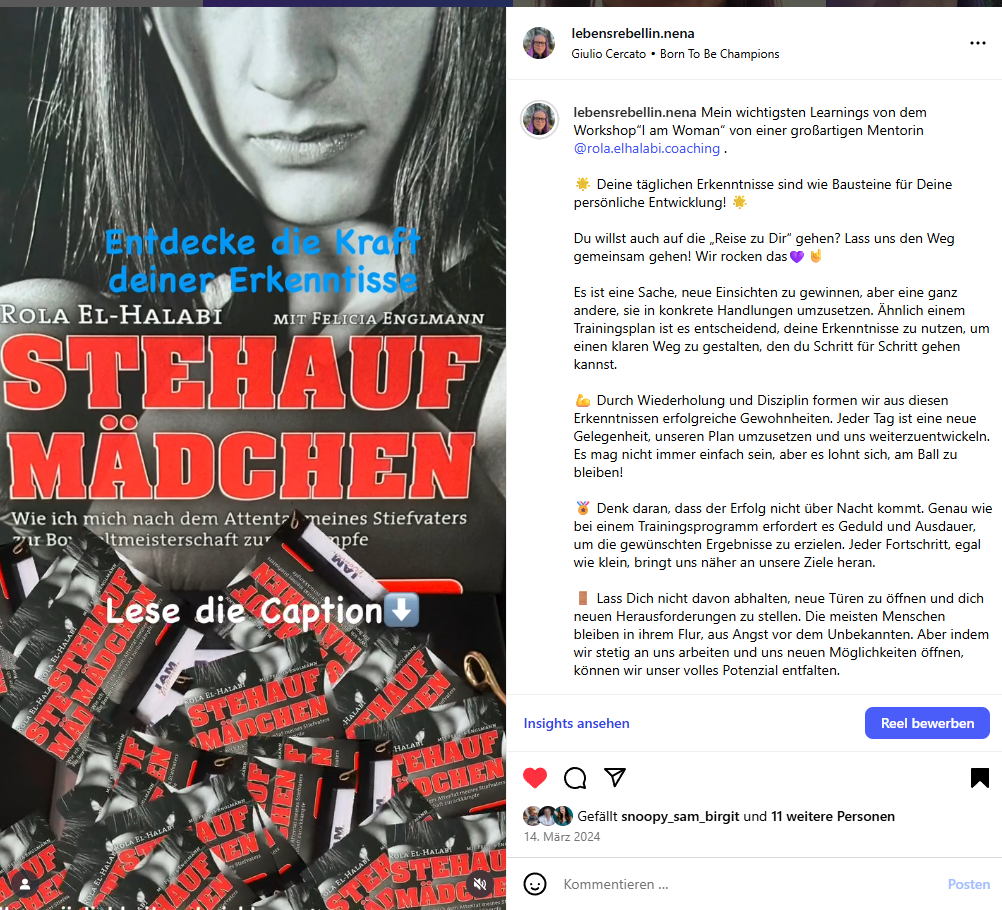 Hier wird ein Instagram Content Beitrag gezeigt  von den Learnings des "I am Woman" Event